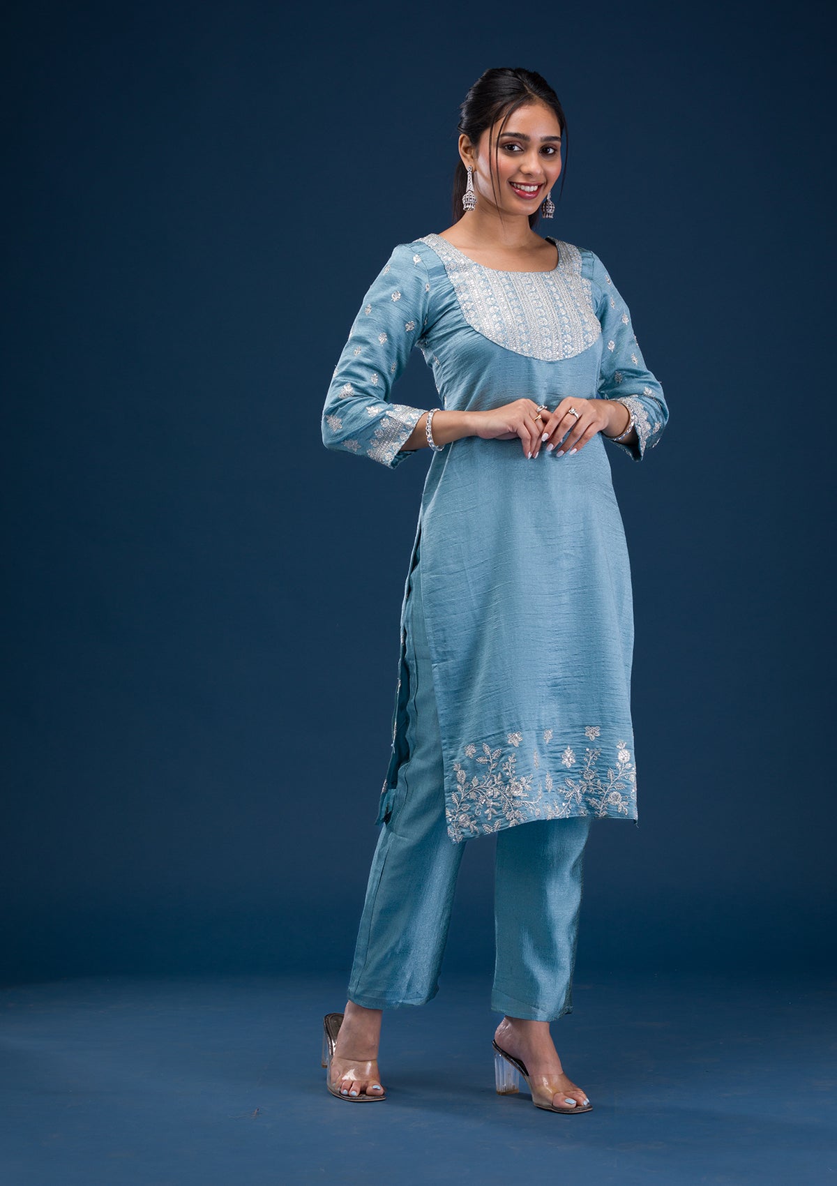 Sky Blue Zariwork Art Silk Readymade Salwar Suit