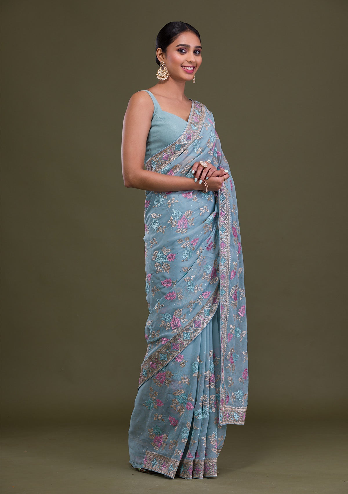 Sky Blue Zariwork Georgette Saree