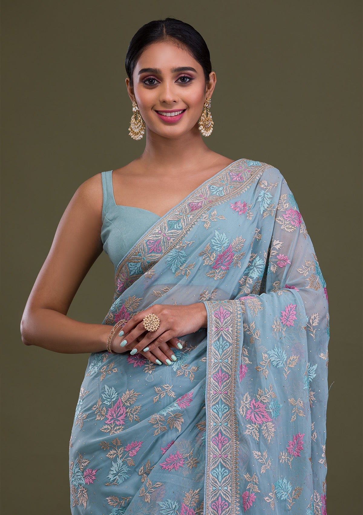 Sky Blue Zariwork Georgette Saree