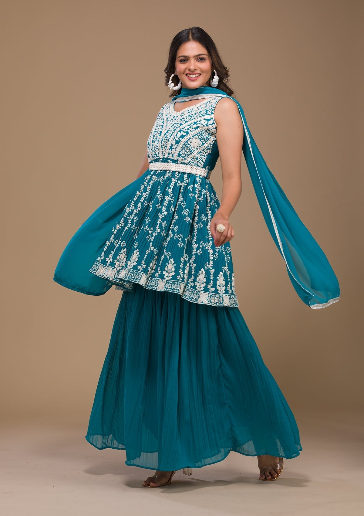 Turquoise Blue Threadwork Georgette Readymade Sharara Suit