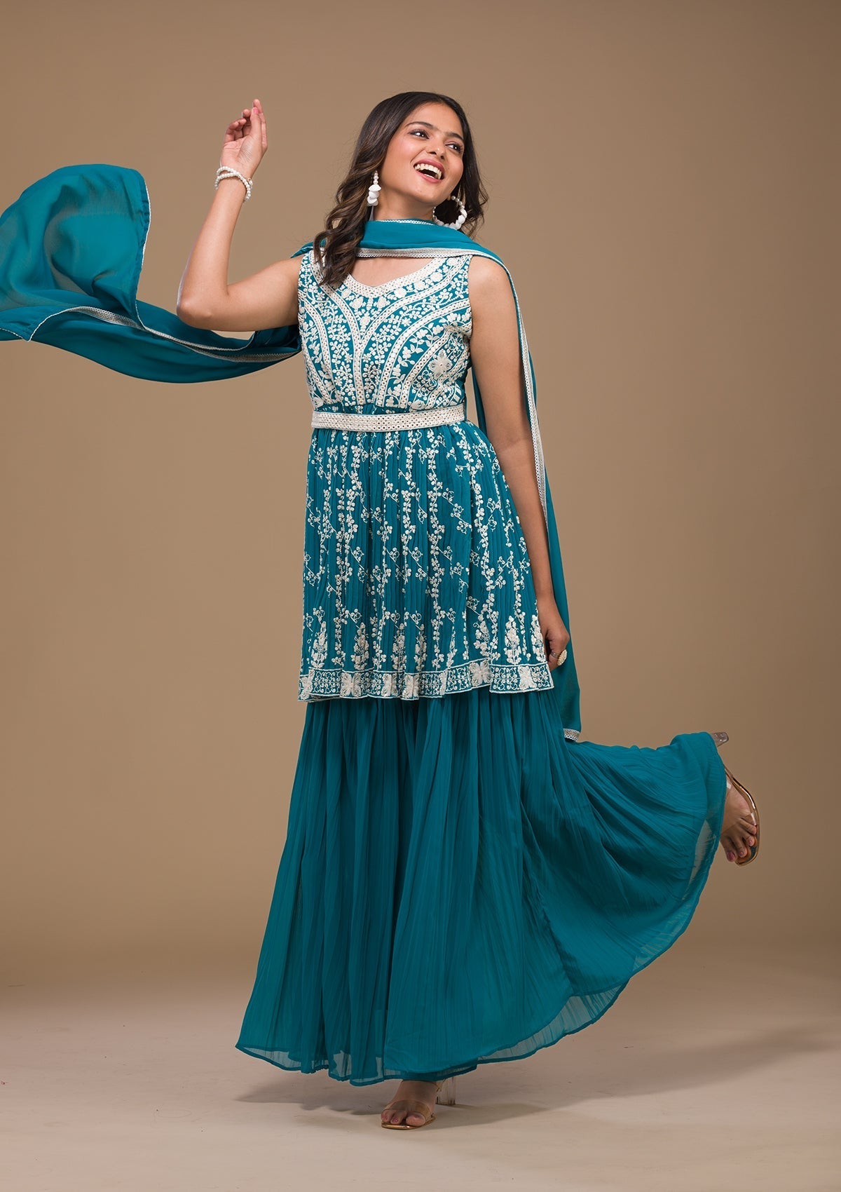 Turquoise Blue Threadwork Georgette Readymade Sharara Suit