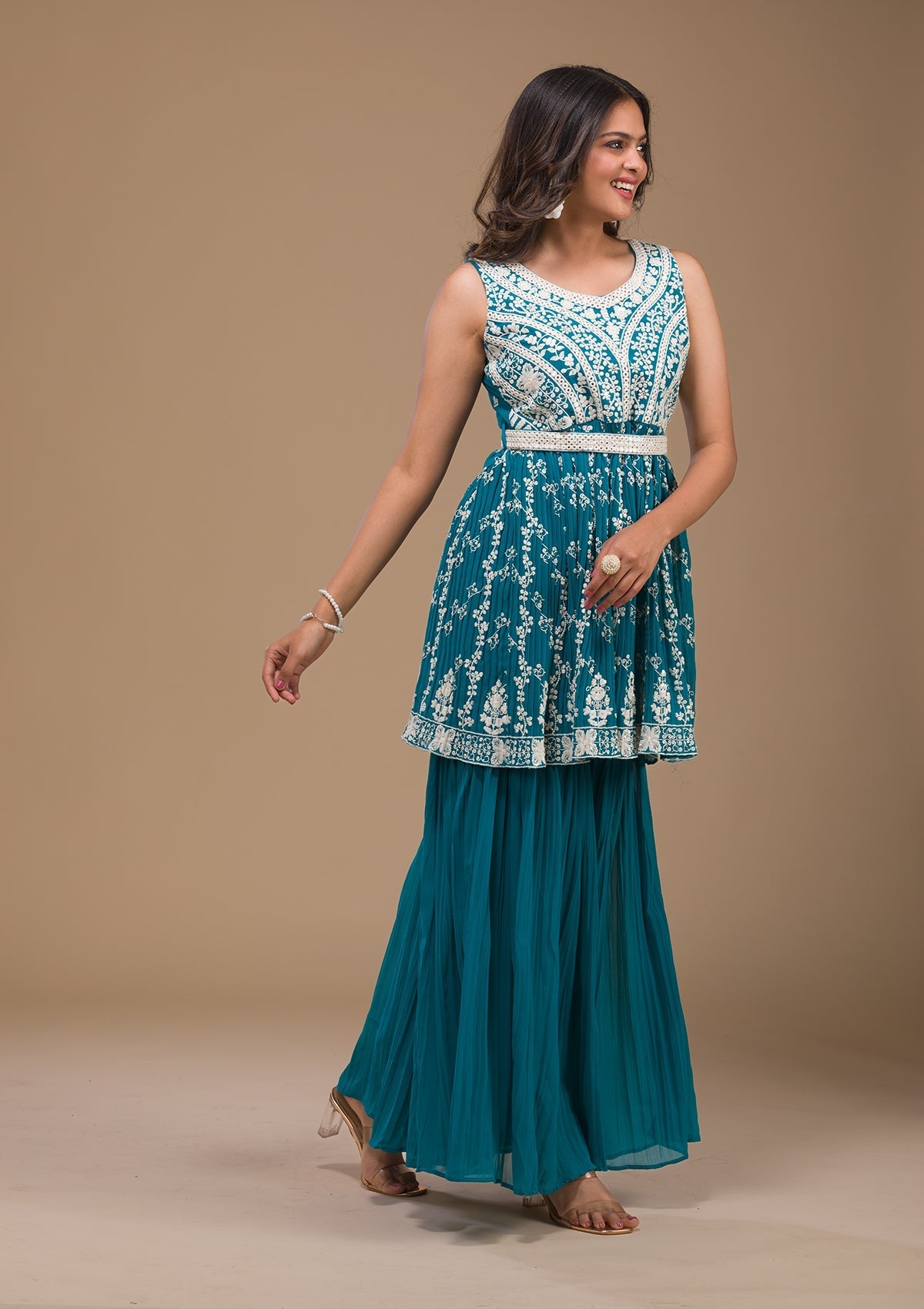 Turquoise Blue Threadwork Georgette Readymade Sharara Suit