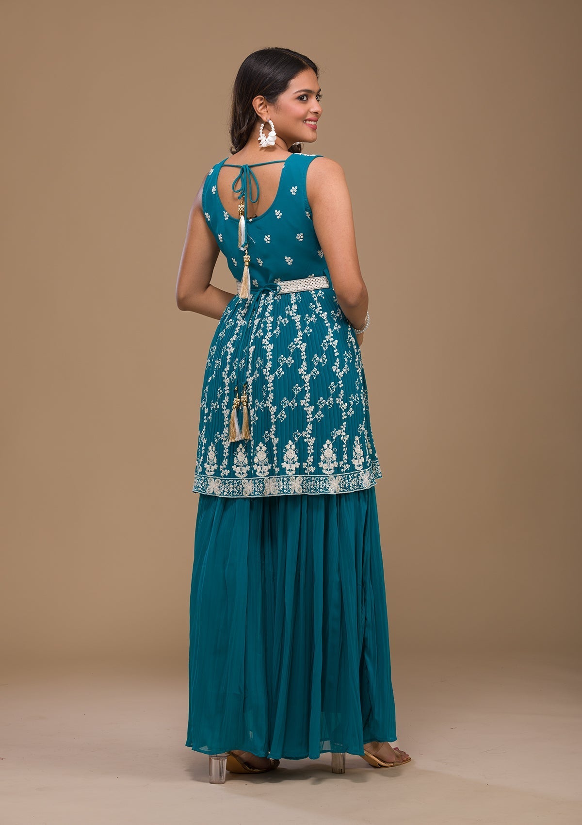 Turquoise Blue Threadwork Georgette Readymade Sharara Suit