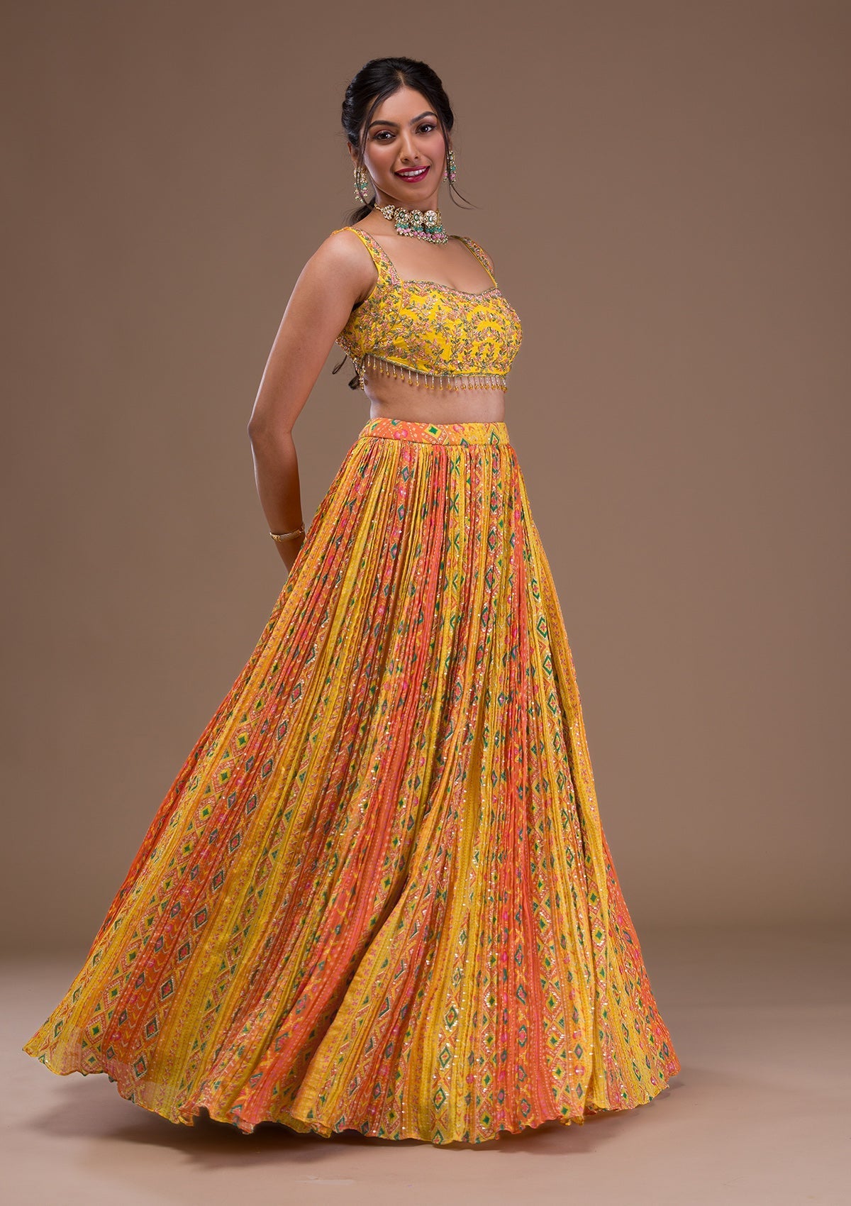 Yellow Cutdana Crepe Readymade Lehenga