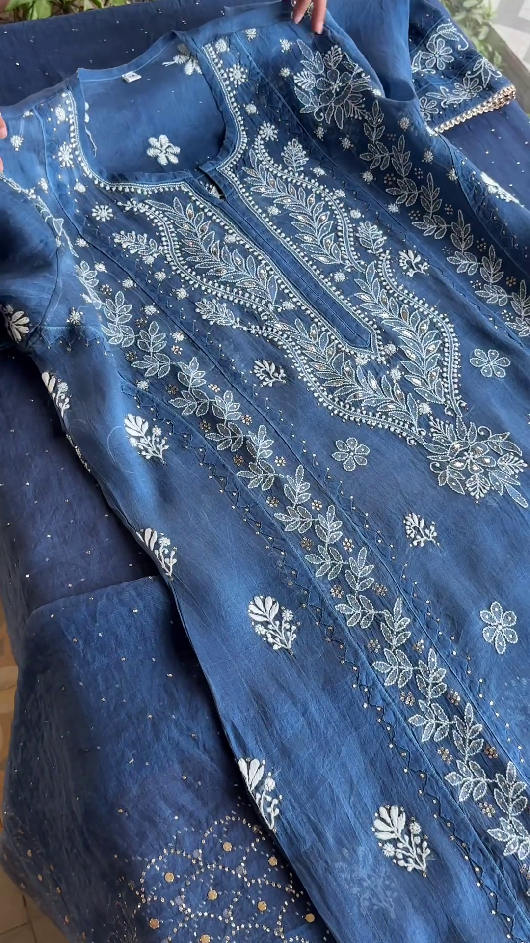 Organza Chikankari Applique Kurta Set Prussian Blue Colour