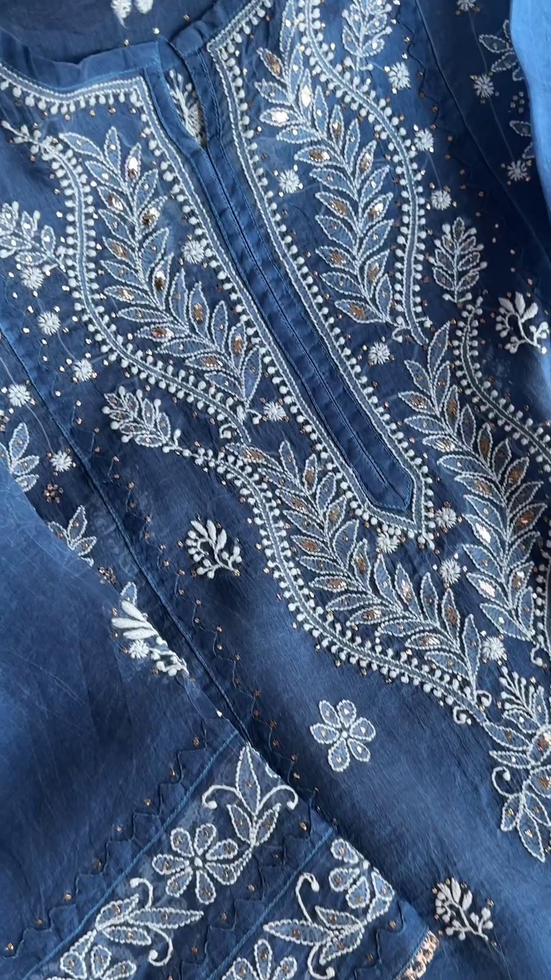 Organza Chikankari Applique Kurta Set Prussian Blue Colour