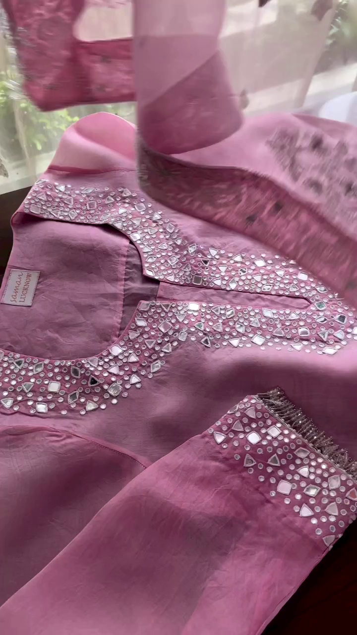 Organza Chikankari Applique Kurta Set Prussian Pink Colour